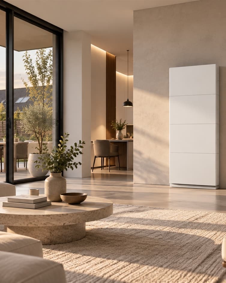 Geïnstalleerde thuisbatterij aan de wand in een moderne woonkamer